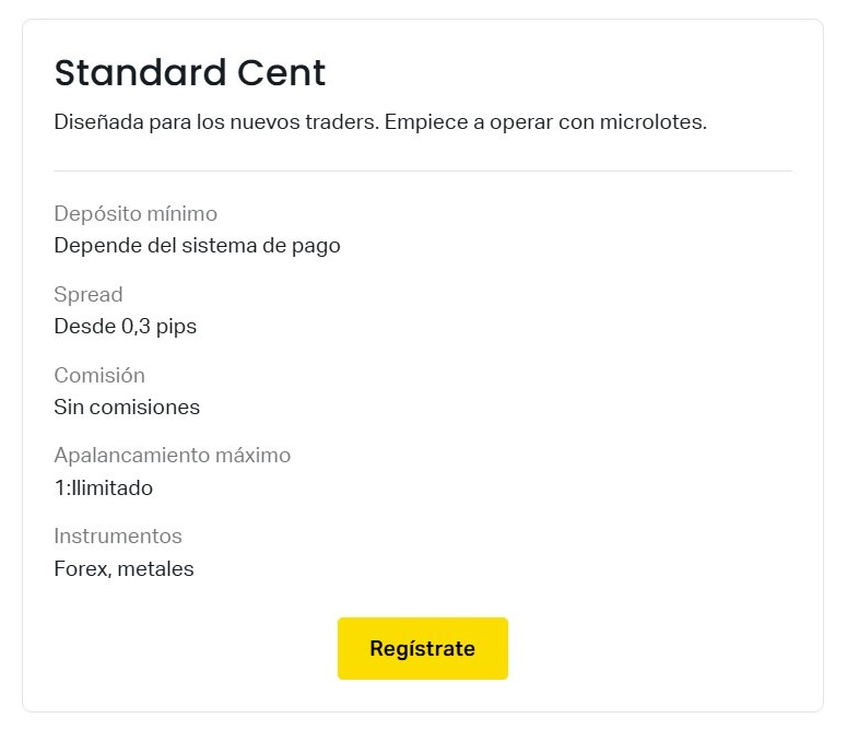 Tipos de Cuenta Exness Standard Cent